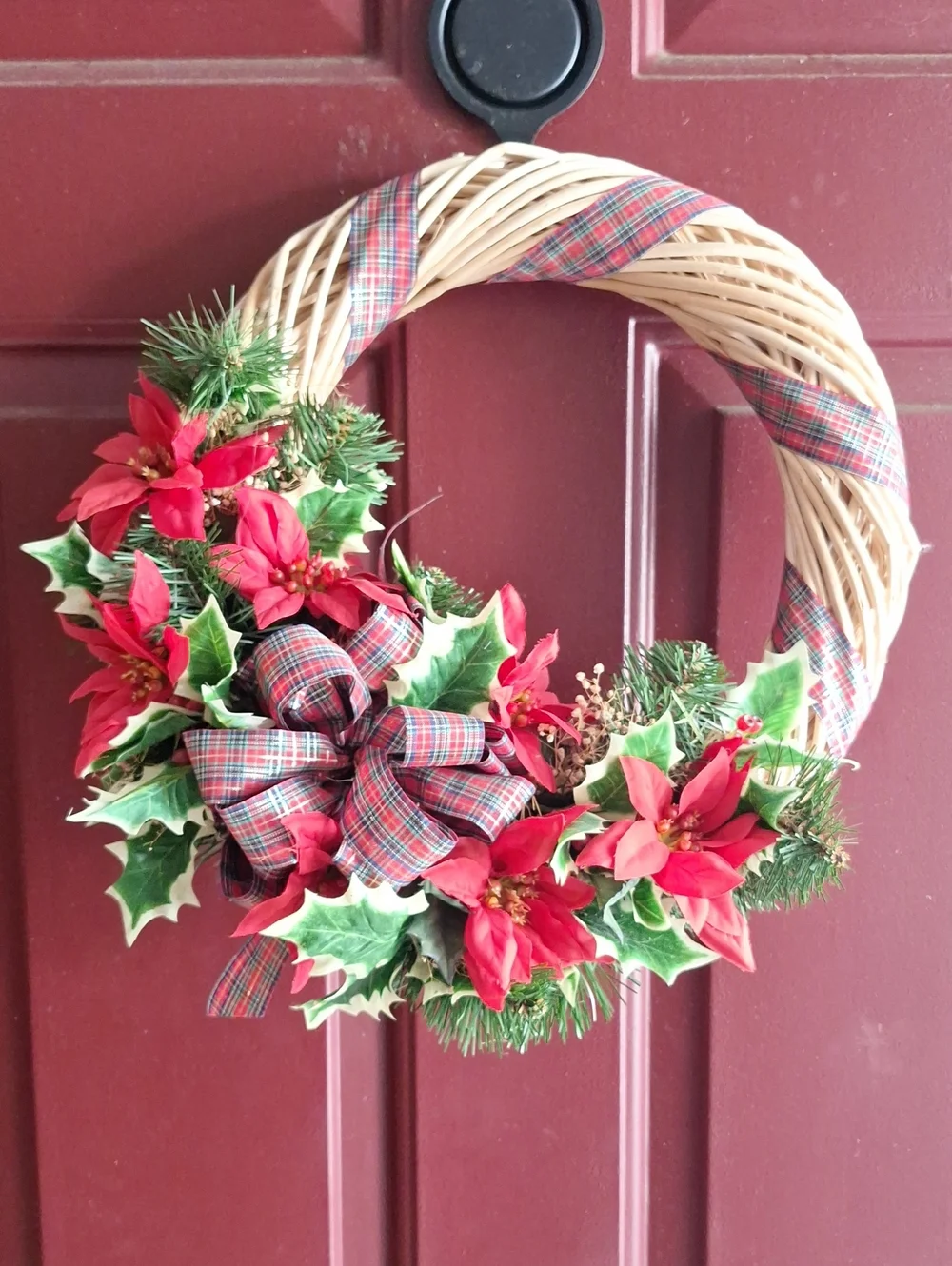 Handmade Grapevine Holiday Poinsettia Wreath with Plaid Bow - Red